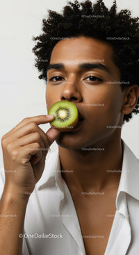 Young Man with Curly Hair Holding Fresh Green Kiwi Fruit
