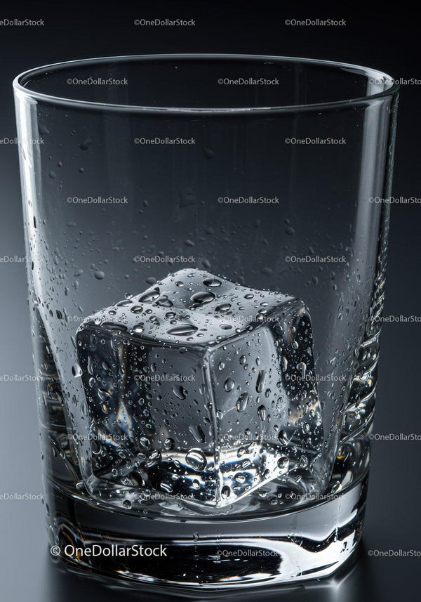 Close up of melting ice cube in clear glass