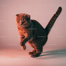 Playful Grey Tabby Cat in a Dynamic Pose with Striped Fur