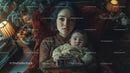 Woman holding baby on red velvet armchair with Christmas decor