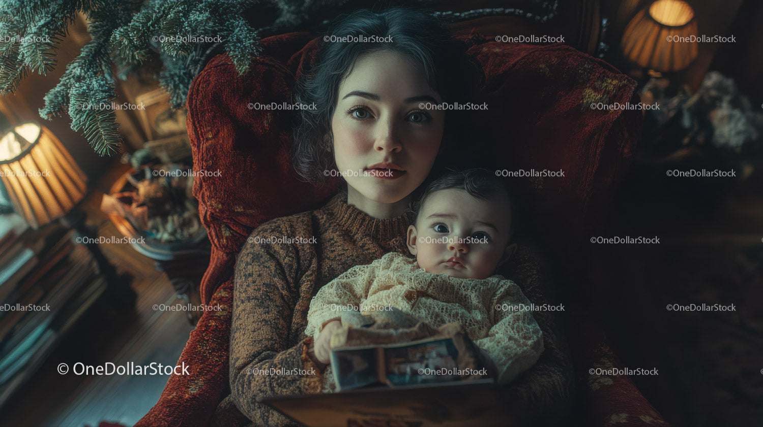 Woman holding baby on red velvet armchair with Christmas decor