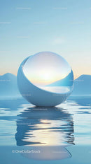 Beautiful Metallic Sphere Reflecting Serene Sunset Over a Calm Lake