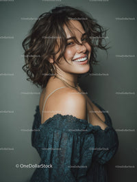 Elegant Young Woman with Curly Hair Smiling Stylishly