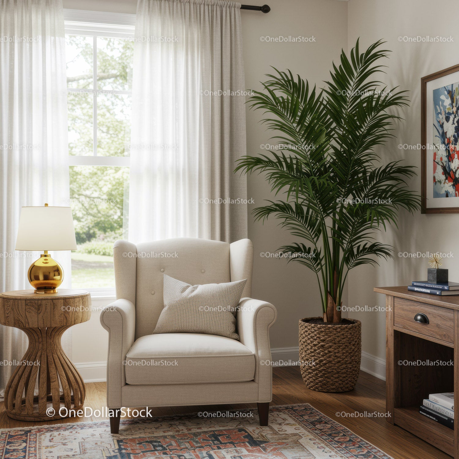 Elegant Living Room with Beige Armchair and Large Green Houseplant