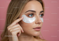 Close-Up of Woman with Blue Eyes Applying Under Eye Patches for Beauty