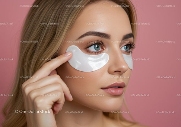 Close-Up of Woman with Blue Eyes Applying Under Eye Patches for Beauty