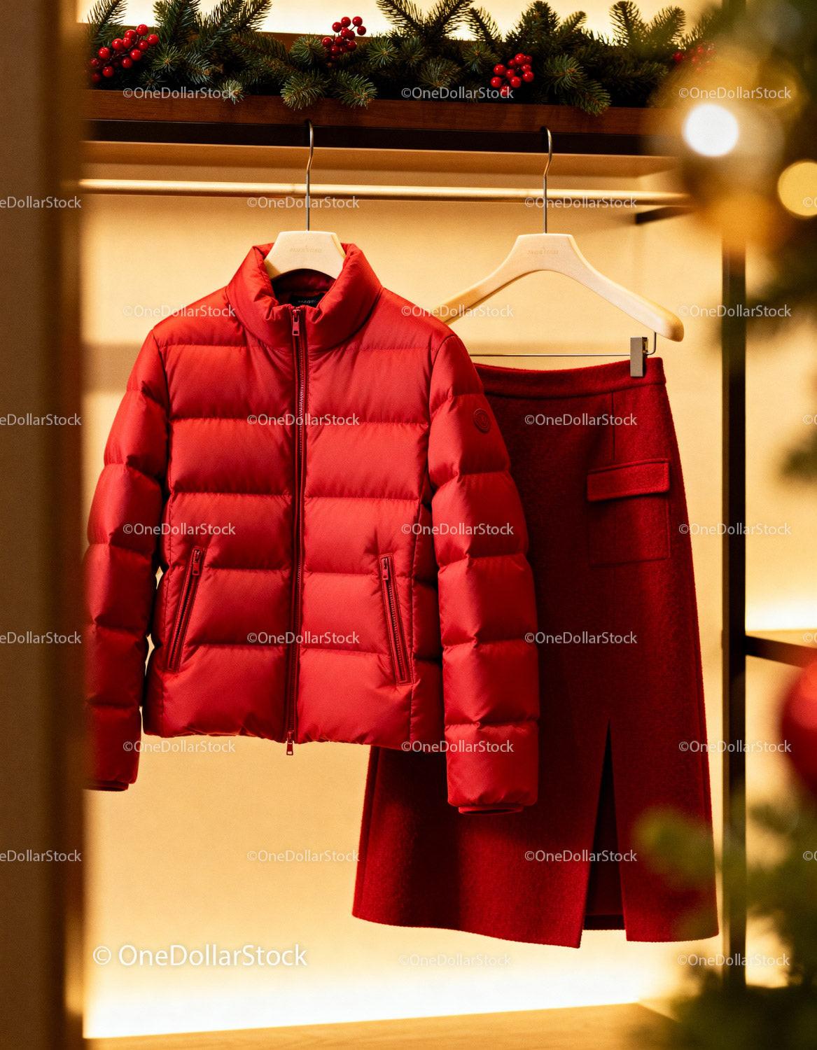 Red winter jacket and skirt hanging on wooden hangers