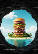 Giant cheeseburger tower on tropical island paradise