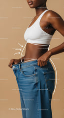 Slim Waist Woman in White Sports Bra Measuring Body with Blue Jeans