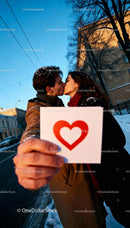 Couple sharing a kiss outdoors holding heart card