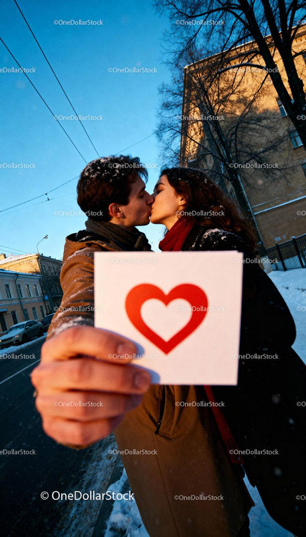 Couple sharing a kiss outdoors holding heart card