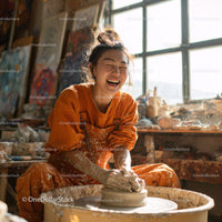 Joyful Woman Creating Handmade Pottery in Artistic Studio