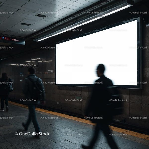 People walking past illuminated blank billboard in subway JPG Mockup Image