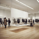 Minimalist Retail Display with Folded Clothes and Shoppers