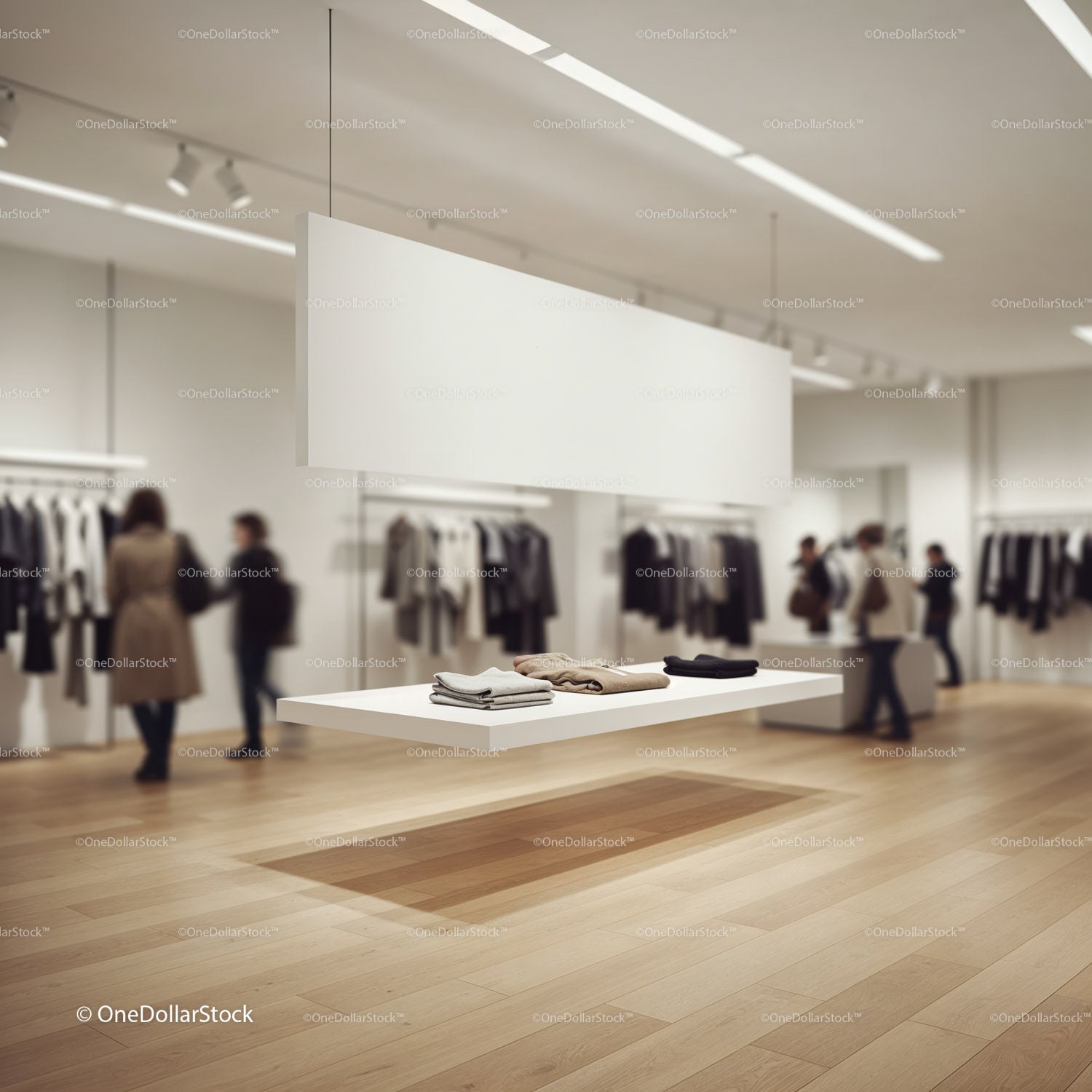 Minimalist Retail Display with Folded Clothes and Shoppers