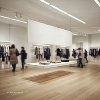 Minimalist Retail Display with Folded Clothes and Shoppers