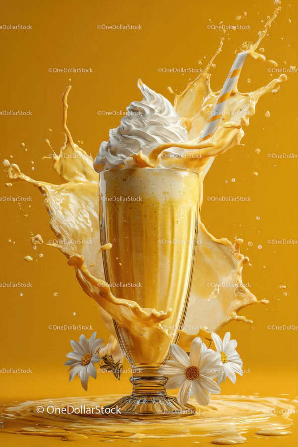 Żółty milkshake z bitą śmietaną i efektami rozbryzgów
