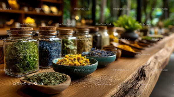Herbal Spices and Fresh Herbs in Glass Jars and Bowls on Wooden Table