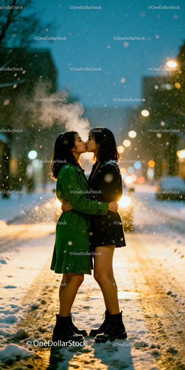 Romantic kiss between young women on snowy street night