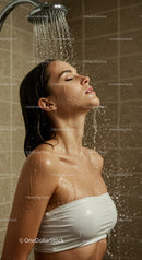 Relaxing Woman Enjoying Shower Under Water Shower Head