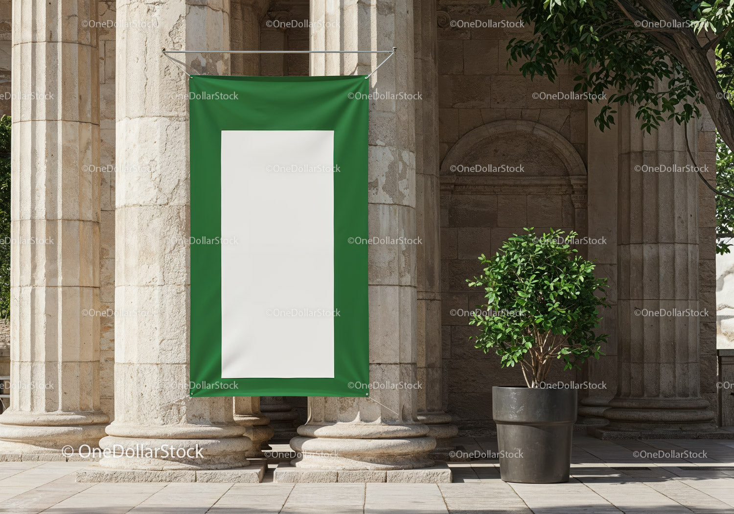 Blank Green Banner Hanging on Historic Stone Columns