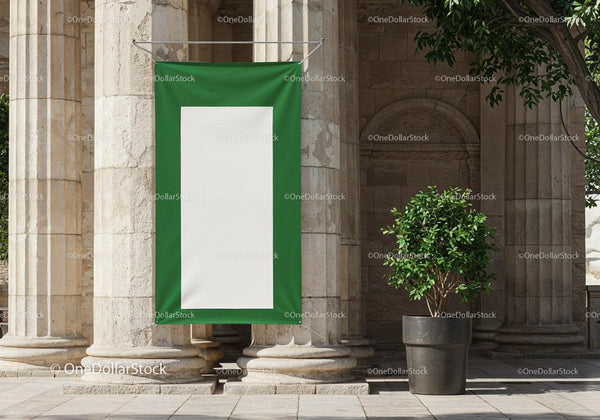 Blank Green Banner Hanging on Historic Stone Columns JPG Mockup Image