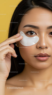 Young Woman Applying Under-Eye White Gel Mask for Skin Rejuvenation
