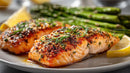 Grilled Salmon with Asparagus and Lemon Garnish