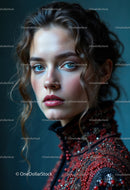 Elegant Portrait of Young Woman with Blue Eyes in Red Beaded Dress