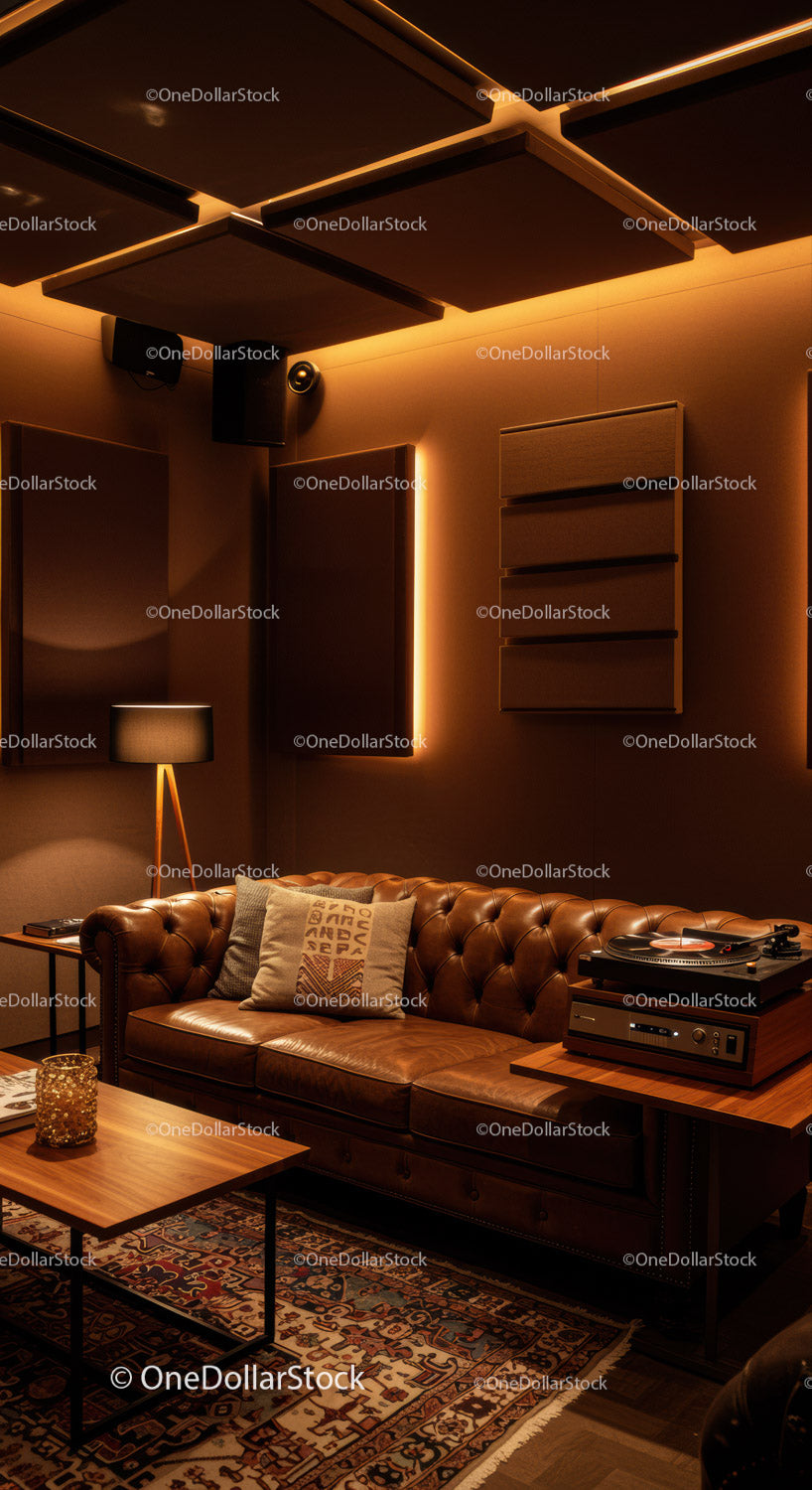 Cozy vintage leather sofa in warm ambient room