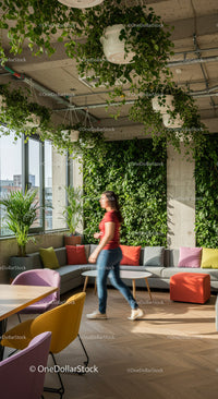 Stylish Office Space with Lush Greenery and Vibrant Lockers