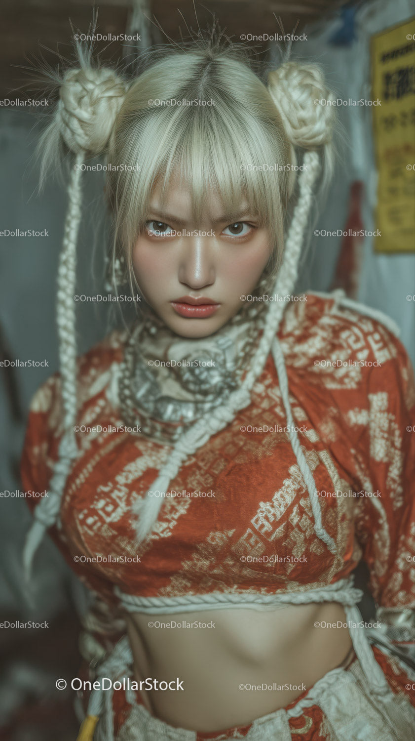 Young Woman with Platinum Blonde Hair and Edgy Street Style