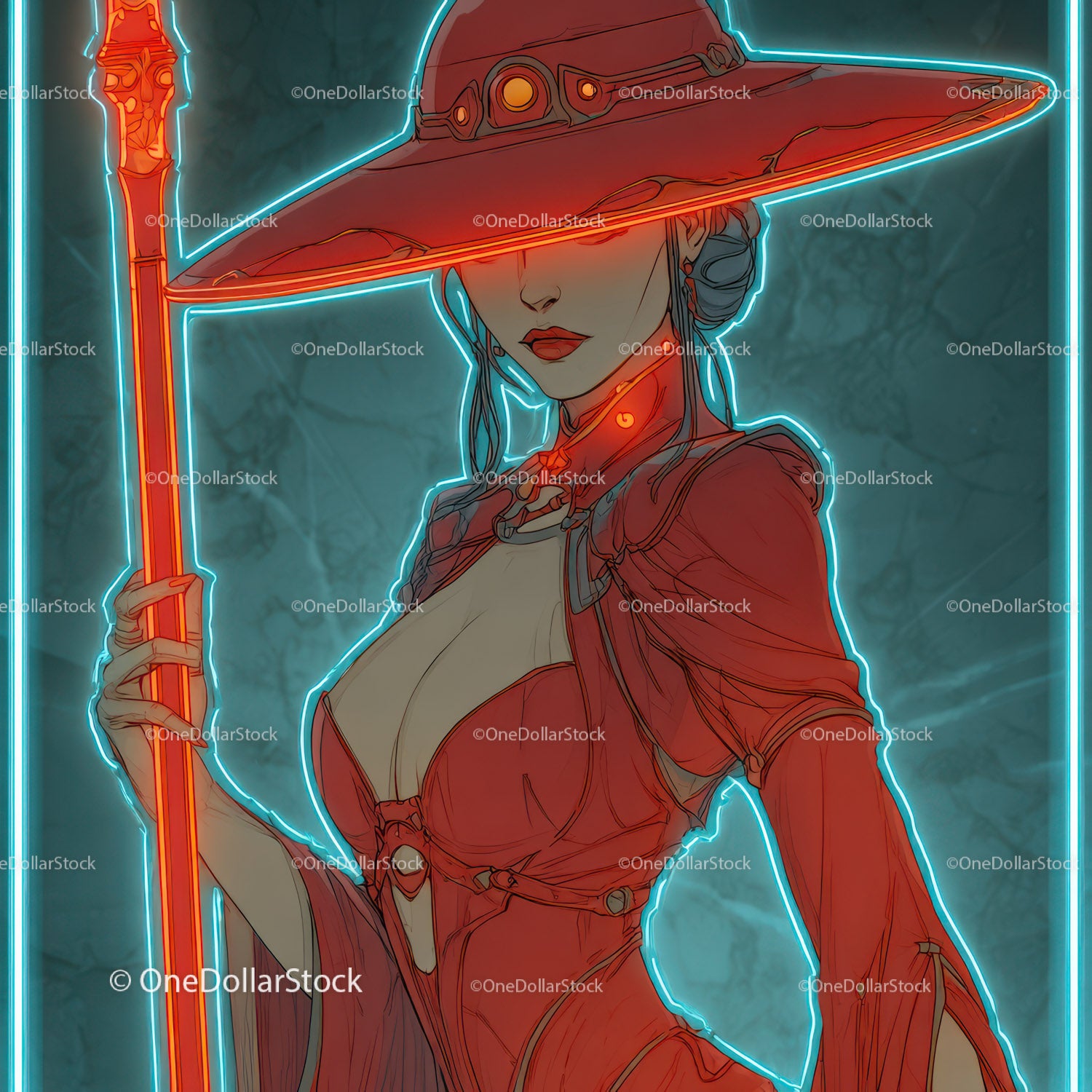 Futuristic Samurai in Neon Red Armor Holding Umbrella