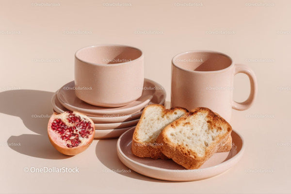 Różowe ceramiczne filiżanki i talerze z tostowanym chlebem i granatem