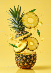 Fresh pineapple slices suspended on vibrant yellow background