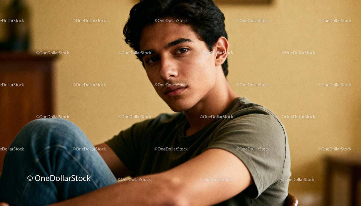Thoughtful young man seated in a warm indoor space