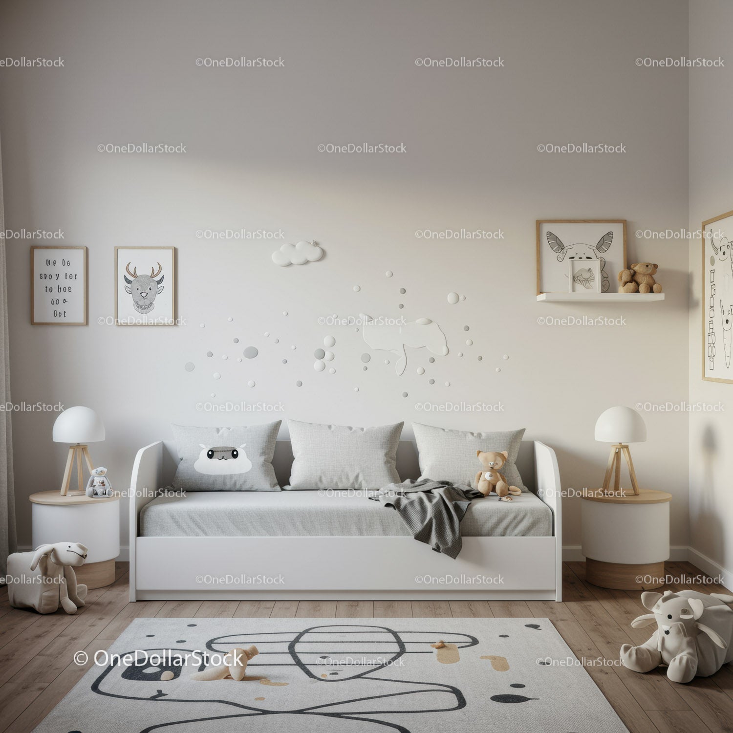 Elegant Nursery Wall Decor with Animal Art and Cloud Decorations