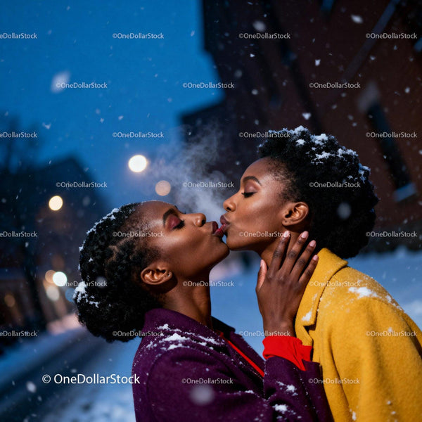 Couple Sharing an Intimate Winter Kiss Outdoors
