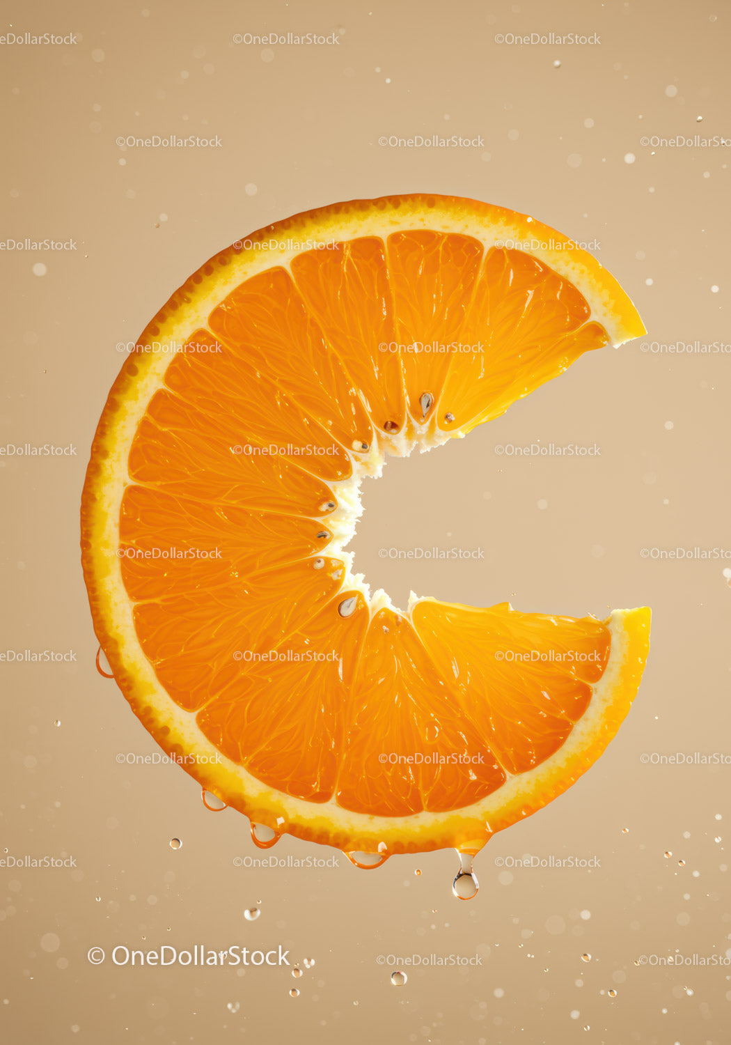 Fresh orange slice dripping with juice on beige background