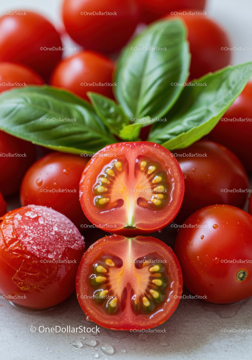 Fresh cherry tomatoes with basil leaves close up