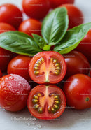 Fresh cherry tomatoes with basil leaves close up