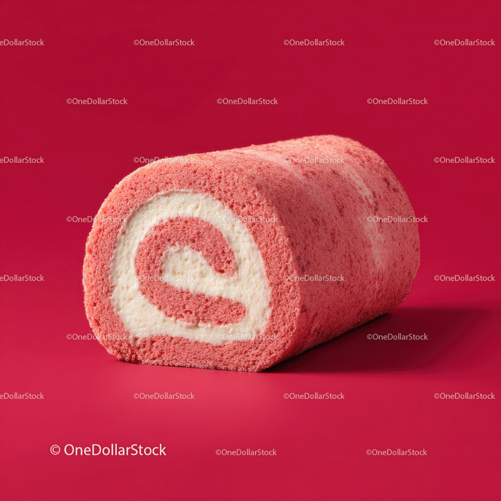 Pink Velvet Cake Roll with Cream Filling in Bright Red Background