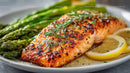 Grilled Salmon with Lemon Slices and Asparagus Gourmet Dish