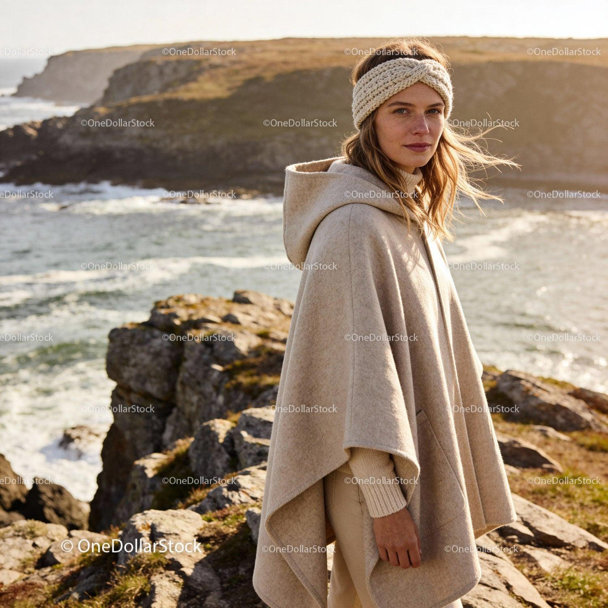 Woman in Cozy Beige Cape and Knit Headband Outdoors