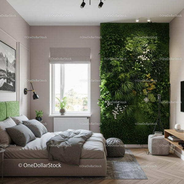Stylish Bedroom with Vibrant Green Plant Wall and Natural Light