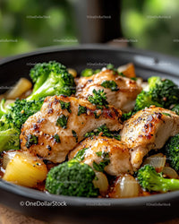 Grilled Chicken Breast with Fresh Broccoli Florets in a Black Dish