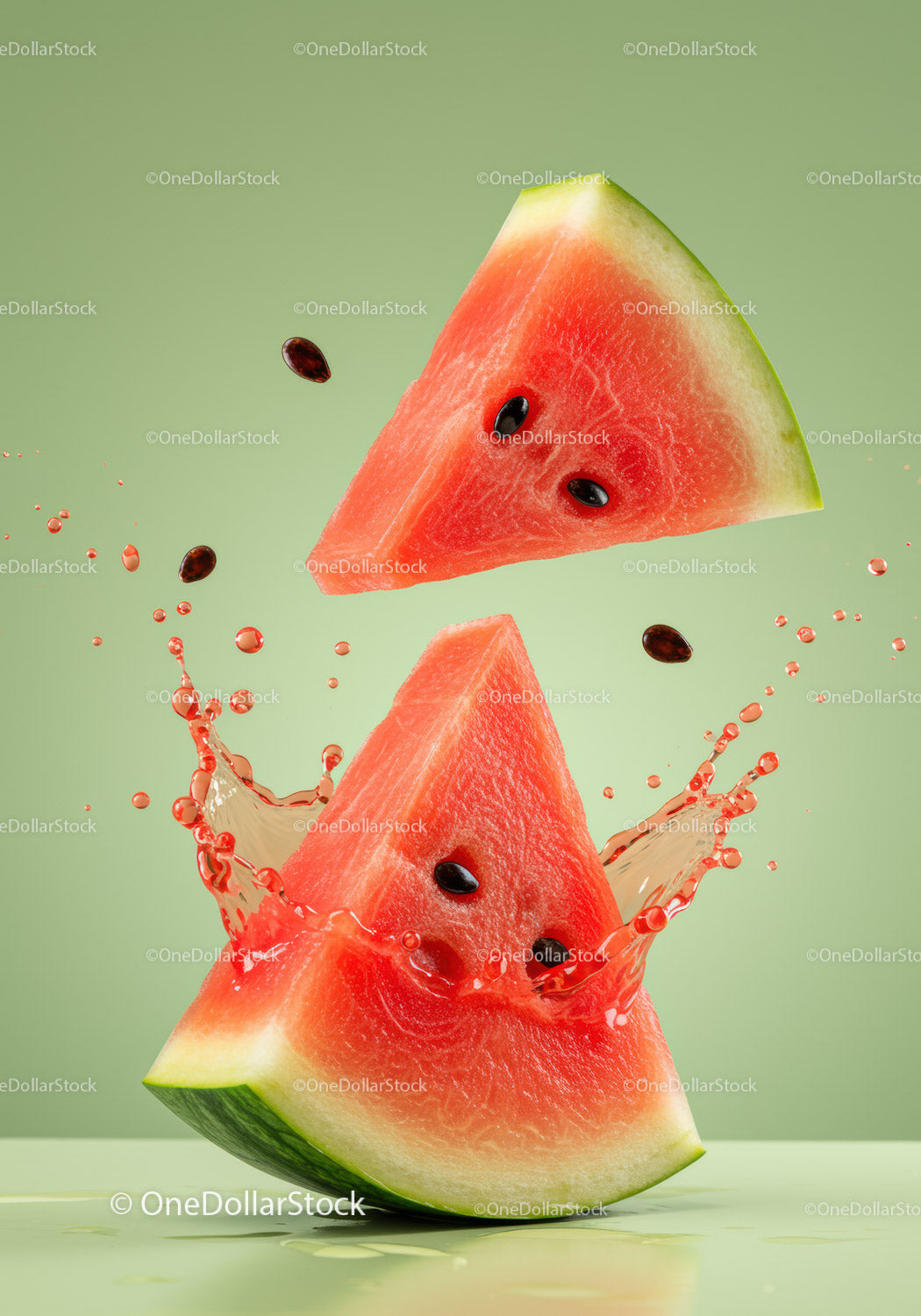Fresh watermelon slices splashing vibrant juice