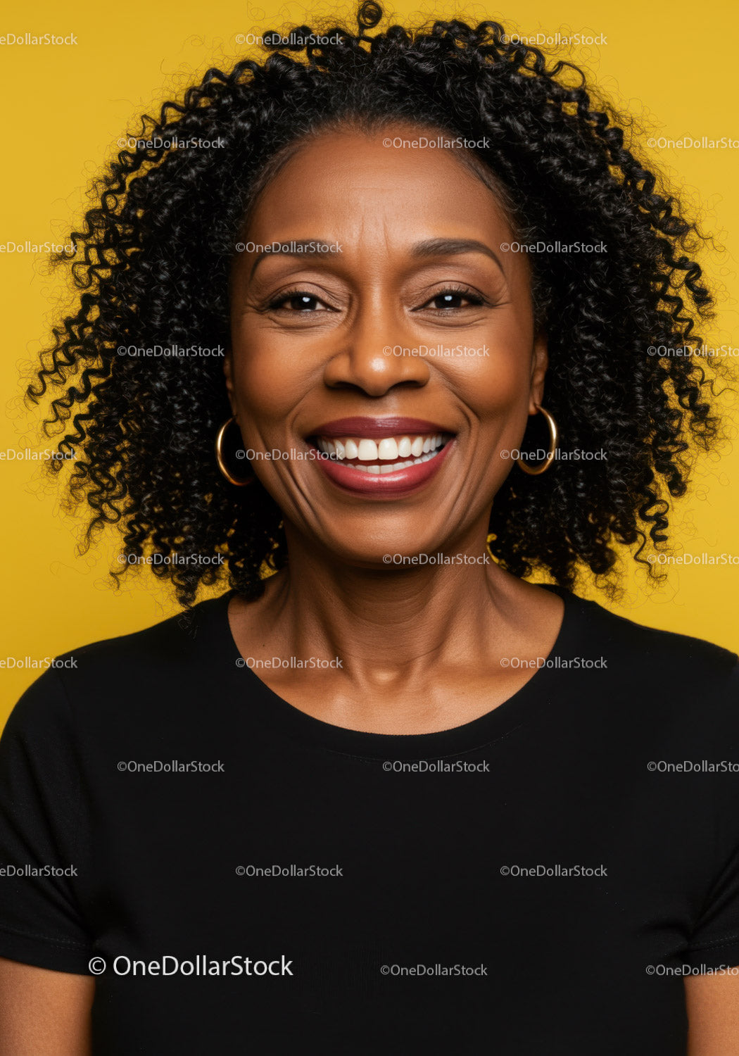 Elegant Smiling African American Woman with Curly Hair on Bright Yellow Background