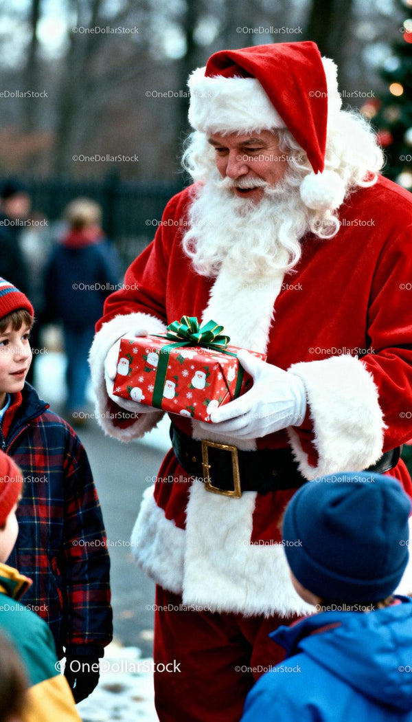 Santa Claus handing gift to excited children outdoors