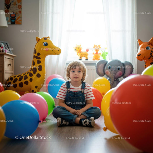 Dziecko siedzące wśród kolorowych balonów i zabawek zwierząt
